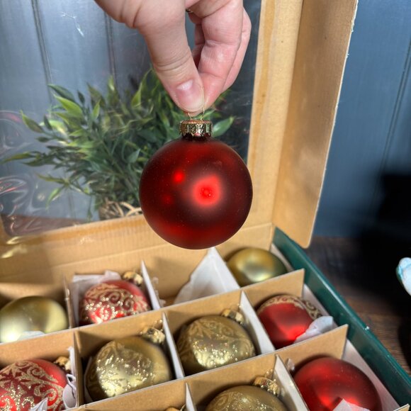 Vintage Glass Christmas Ornaments Red Gold Balls and Striped Pine Cones - Picture 4 of 12